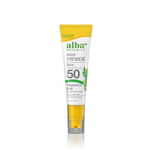 Alba Botanica Sunscreen for Face, Fragrance-Free Sheer Mineral Face Sunscreen Lotion, Broad Spectrum SPF 50, Water Resistant and Biodegradable, 2 fl. oz. Bottle (Packaging May Vary)