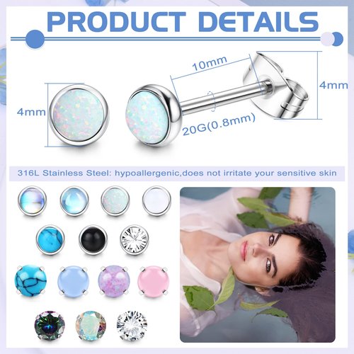 SAILIMUE 14 Pairs Hypoallergenic Surgical Steel Stud Earrings for Women Men Tiny CZ Opal Moonstone Turquoise Earrings Studs Set Piercing Jewelry