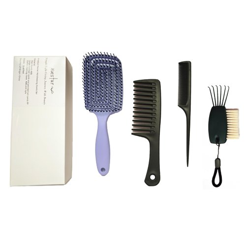 XueStar 4Pcs Hair Comb Set,Hair Brush Set,Detangling Paddle Brush,Wide Toothed Comb,Cleaning Tool,For Women And Men,For Various Hair Types,Curly Straight Long Short Dry Wet Hair(Purple)