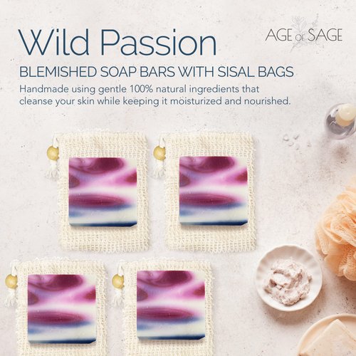 Natural Soap Bar w/Sisal Bag, Vegan Artisan Soap Bar Set for Women, Body Soap in Bar Soap Pouch, Natural Bath Soaps w/Essential Oils, 4 Plain Body Soap Bars, Wild Passion by Age of Sage