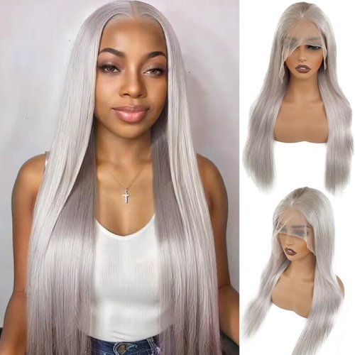 OiMiGO Straight Lace Front Wigs Human Hair Pre Plucked 13x4 HD Lace Frontal Wigs Human Hair 180% Density Invisible HD Transparent Glueless Wigs Human Hair for Women With Baby Hair(#Grey,20Inch)