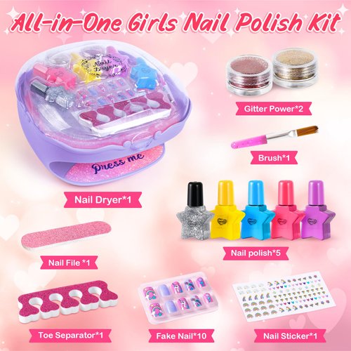 Shemira Nail Polish Kit for Girls Ages 7-12 Years Old, Nail Art Toy for Girls 5 6 7 8 9 10 11 12 Years Old, Nail Art Studio with Purple Nail Dryer for Girls, Christmas & Birthday Gifts for Girls