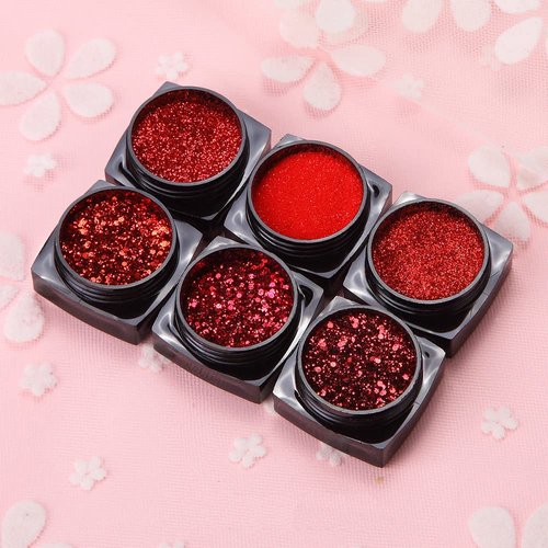 Nail Art Glitter Sequins 6 Boxes Red Crystal Diamond Nail Powder 3D Holographic Nail Art Powder Shiny Flakes Acrylic Nail Glitters Set for Valentine's Day Nail Decoration Manicure Tips Charms