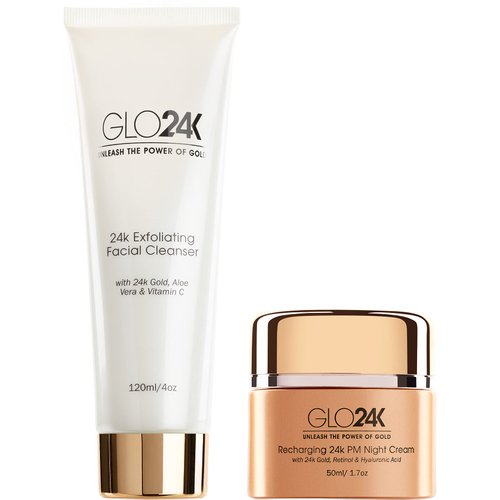 GLO24K Exfoliating Facial Cleanser & Night Cream with 24k Gold, Retinol, and Aloe Vera. Optimize your Daily Beauty Routine.
