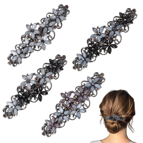 4 PCS Elegant Rhinestones Vintage Hair Clips, Womens Hair Barrettes, Sparkly Glitter Rhinestones Flowers Hairpin, Flowers French Barrette Hair Clips for Women Hair Accessoires
