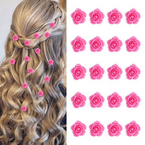 YISSION Mini Hair Clips for Women - 20Pcs Cute Rose Flower Pins, Small Barrettes for Wedding, Bridal Hair Accessories in Hot Pink