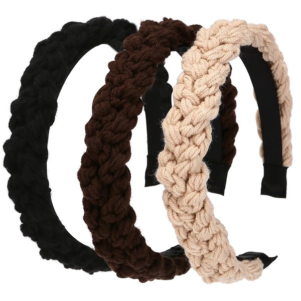 NARUNING 3Pcs Wool Braid Headbands 1.2Inch Solid Color Hair Band Fashion Head Wear, Girls Women Hair Accessories (3 Pack A, One Size)