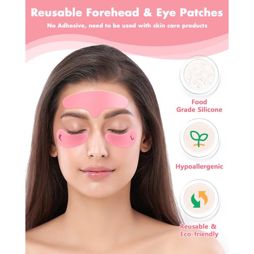 Silicone Forehead Wrinkle Patch - Non-Glue Reusable Forehead Wrinkle Patch and Eye Patches Set, Silicone Patches for Wrinkles, For Use with Face Cream or Lotion, Metal Eye Massage Stick&Tin Case, Pink