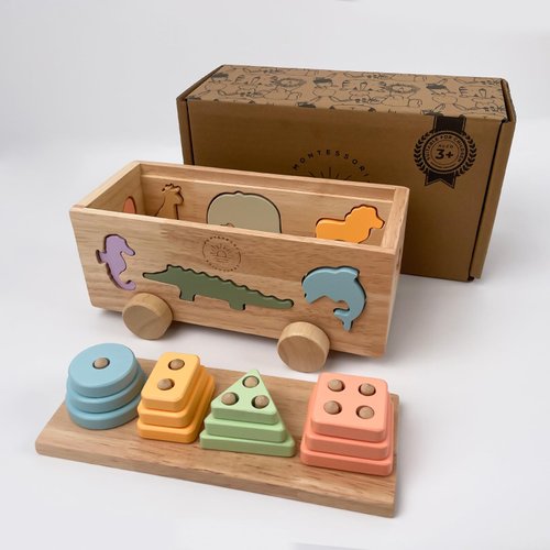 Educational Wooden Animal Shape Sorter & Stacking Toy for Toddlers - Interactive Learning Toy with Colorful Shapes and Animals - Montessori Wooden Educational Material.