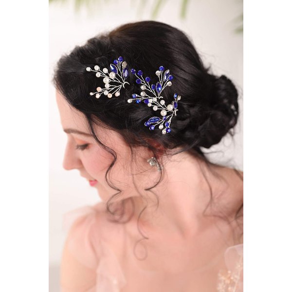 FXmimior Bridal Handmade Blue Sapphire Wedding Hair Accessories Blue Crystal Hair Pins Pearl Hair Pins Navy Blue Wedding Headpiece Women Crystal Pearl Hair Jewelry for Party Prom