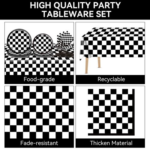 123 Pcs Black and White Checkered Racing Party Decorations Car Party Tableware Set Race Themed Party Plates Banner Tablecloth Car Sports Napkins Forks Hanging Swirls Checkered Birthday Party Supplies