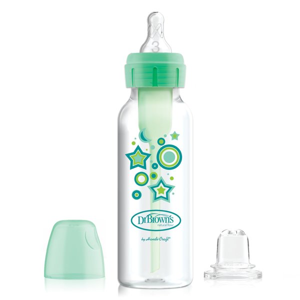 Dr. Brown's Natural Flow Anti-Colic Options+ Narrow Sippy Bottle Starter Kit, 8oz/250mL, with Level 3 Medium-Fast Flow Nipple and 100% Silicone Soft Sippy Spout, Green, 6m+