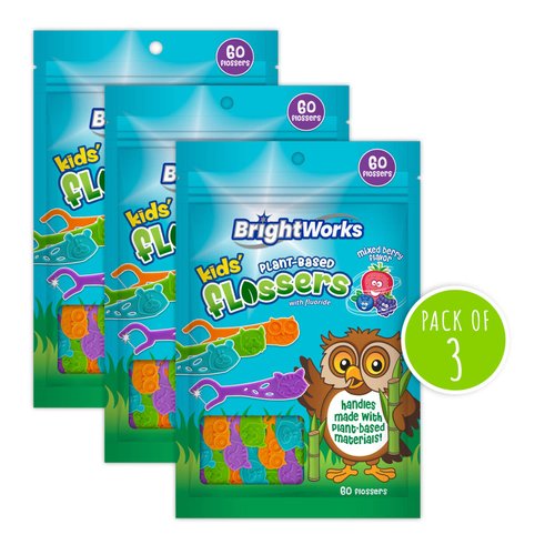 BrightWorks Kids’ Mixed Berry Dental Flossers [180 Floss Picks], Plant-Based Handles, Colorful Animals add Fun to Support Healthy Habits, Easy-Grip Handle, Fluoride-Coated Floss. 60 Count (Pack of 3)