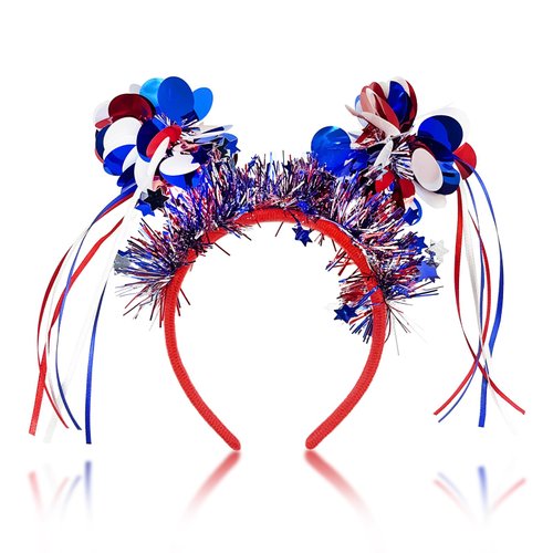 Doneace Patriotic Pom Pom Headband, 4th of July Independence Day Parade Party Headbands, Blue Red White American Flag Star Design Ribbon Hair Band, Fluffy Ball Hair Band for Women Girls Kids