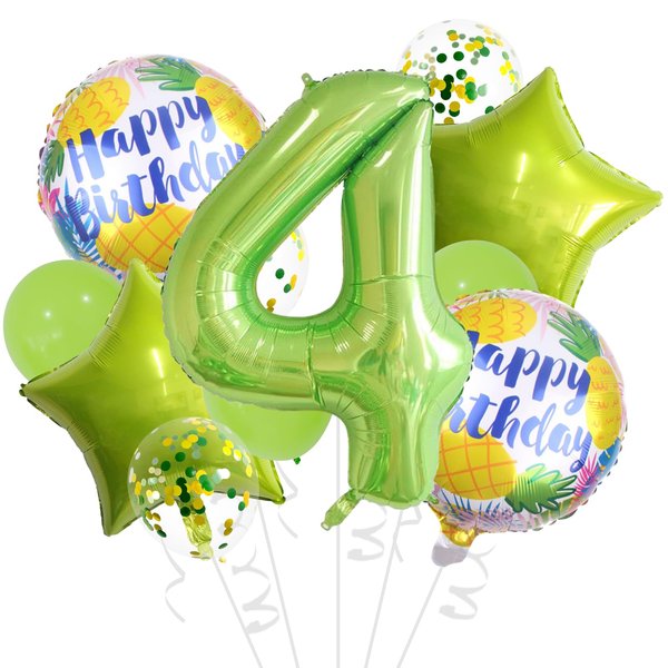32 Inch 4 Balloon Number, Fruit Green Balloons, Green Gold Confetti Latex Balloons Foil Balloons Mylar Balloons Number 4 Balloons for Anniversary Supplies Kids Birthday Party (Fruit Green, 4)