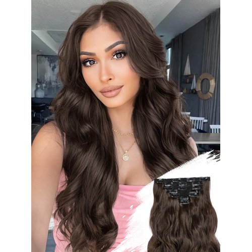 KooKaStyle Clip in Hair Extensions for Women with Thinning Hair，7PCS 20 Inch Thick Long Wavy Hair Extensions Clip Ins，Chocolate Brown with Dark Brown Synthetic Hairpiece for Daily Use Voluminous Look