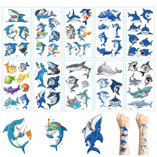 Temporary Tattoos for Kids Shark, Tattoos Shark Birthday Decorations Party Favors Supplies for Boys and Girls, Ocean Under Sea Fake Tattoo Stickers (10 Sheets)