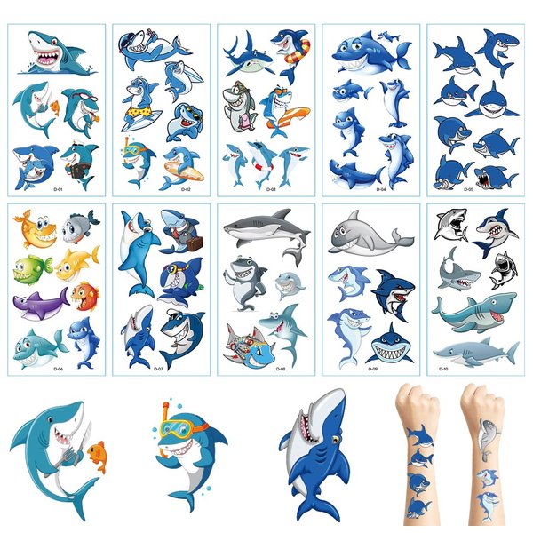 Temporary Tattoos for Kids Shark, Tattoos Shark Birthday Decorations Party Favors Supplies for Boys and Girls, Ocean Under Sea Fake Tattoo Stickers (10 Sheets)