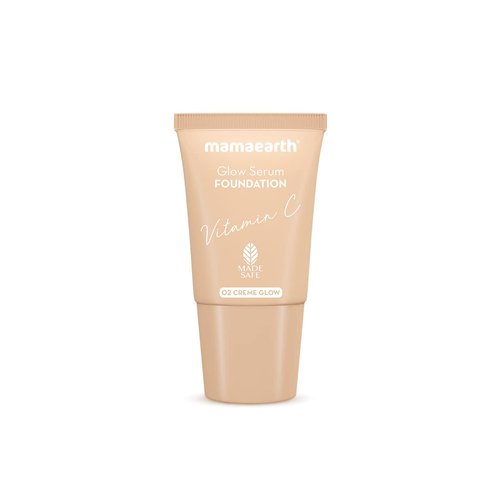 Mamaearth Glow Serum Foundation - 02 Crème Glow Shade | with Vitamin C & Turmeric | Up to 12 Hour Buildable Coverage | Waterproof & Lightweight | 0.61 Fl Oz (18ml)