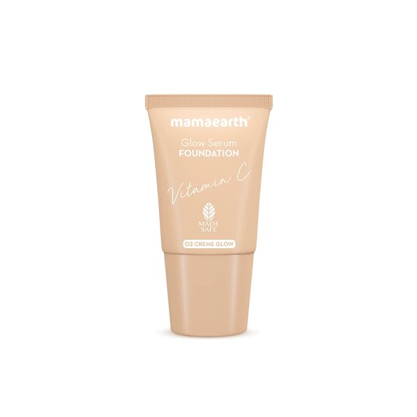Mamaearth Glow Serum Foundation - 02 Crème Glow Shade | with Vitamin C & Turmeric | Up to 12 Hour Buildable Coverage | Waterproof & Lightweight | 0.61 Fl Oz (18ml)
