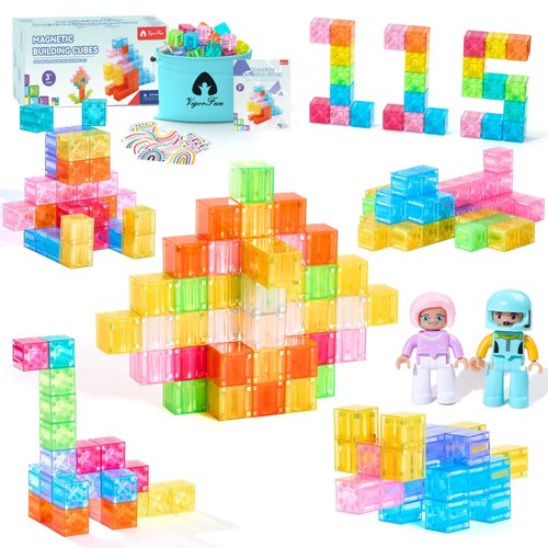 115PCS Magnetic Blocks Set, Magnet Building Blocks with Toy Figurine and Storage Bag for Kids Gifts, STEM Educational Preschool Sensory Toys for Toddlers Boys Girls Ages 3 4 5 6 7 8 +(Transparent)