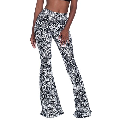 GUOLEZEEV Women Print Stretchy Bell Bottom Flare Palazzo Pants High Waist Trousers 2XL