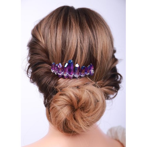 Teyglen Raw Crystal Quartz Hair Comb Clear Crystal Hair Side Comb Mermaid Rhinestone Hair Comb Sun Moon Goddess Headpiece Decorative Hair Accessories for Women Girls (Purple)