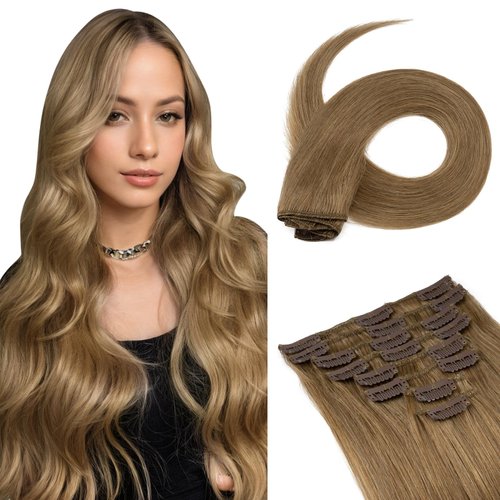 Benehair Human Hair Clip in Extensions Balayage Golden Brown Mix Bleach Blonde Highlight Hair Extensions for Women Long Straight Remy Natural Full Head 8pcs No Tape No Glue 16 Inch #6 Light Brown