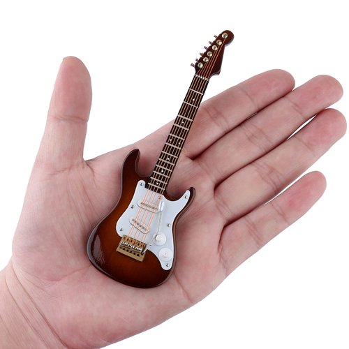 Dselvgvu Wooden Miniature Electric Guitar with Stand and Case Mini Musical Instrument Miniature Dollhouse Model Birthday Present (Electric Guitar:Brown, 5.49"x1.76"x0.48")