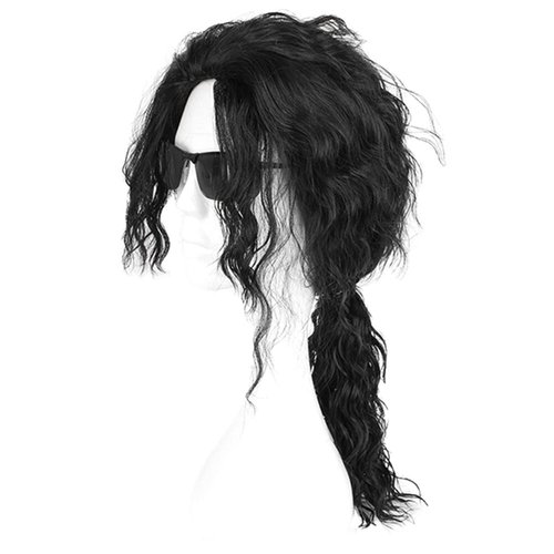 Ruina Black Wigs for Costume Men 70s 80s Costume Wig Long Curly Wavy Black Hair Metal Rocker Wigs with Wig Caps R022BK