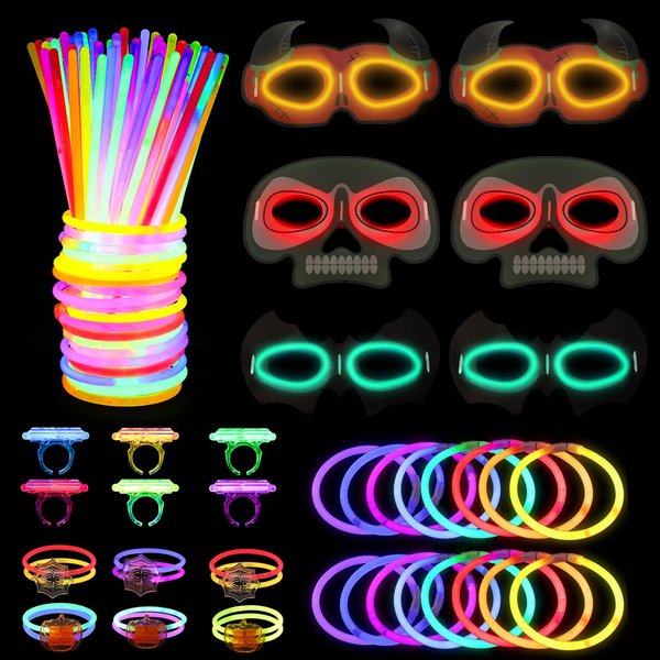 CCINEE 178pcs Halloween Glow Sticks Party Favors, Glow in the Dark Stickers Light Up Party Neon Toys DIY Necklaces Bracelets Eyescover Rings Glowsticks for Halloween Parties
