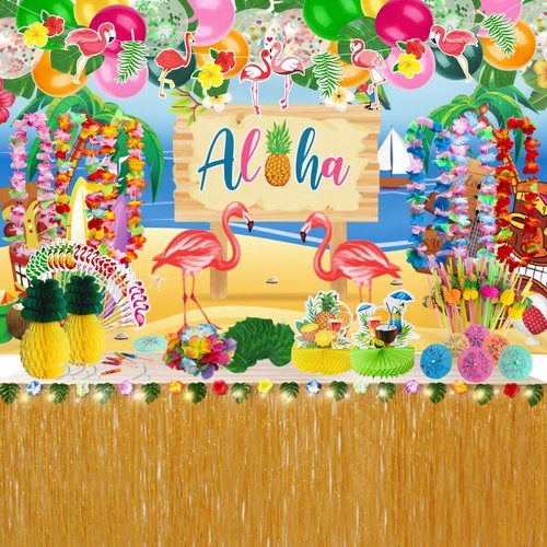 Hawaiian Luau Party Decorations, Tropical Beach Themed Aloha Summer Party Supplies Kit, Including Table Skirt,Backdrop,Balloons,Leis,Straws,Hibiscus Flowers,Palm Leaves,Food Topper,Pineapples,Banner)