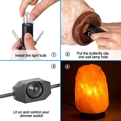 haraqi Salt Lamp Cord and Bulbs,Himalayan Salt Lamp Replacement Cord with Dimmer Switch,Original UL Listed Cord Bulb Replacement for Salt Rock Lamp with 6 Pack 25 Watt E12 Bulbs
