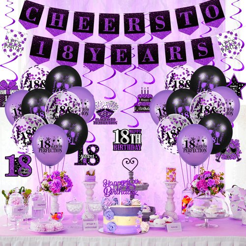 Purple 18th Birthday Decorations for Girls Boys Purple Black 18th Birthday Banner Hanging Swirls 18th Birthday Balloons Happy 18th Birthday Cake Topper for Purple Cheer to 18 Years Party Supplies
