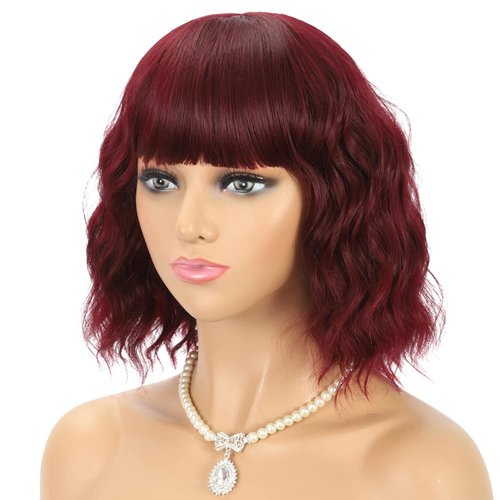EBORAY Wine Red Wigs with Bangs ,Short Wavy Bob Wigs for Women, Burgundy Wig Synthetic Heat Resistant Bob Wigs (wine red, 12 inch)