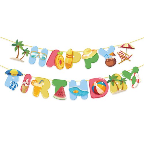 GLASNES Beach Happy Birthday Banner Pool Party Supplies Hawaiian Beach Tropical Swimming Theme Ha...