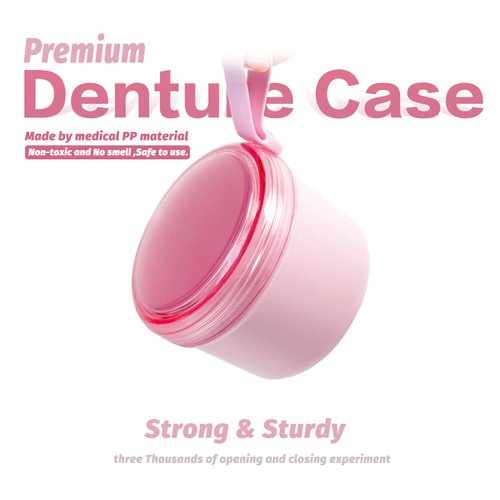 Denture Bath Case Cup Box Holder Storage Soak Container with Strainer Basket for Home or Travel Denture Cleaning (pink)