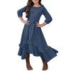 MITILLY Girls Loose Plain 3/4 Sleeve Casual Pocket Ruffle Swing Long Maxi Dress with Belt 12 Years Dark Blue