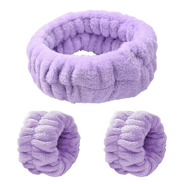 AEGYPIUS Face Wash Headband and Wristband Set, 3 Pcs Purple Soft Skincare Headband and Wristband Set Headband Wristband Set Face Wash Facewash Headband and Wristband Set Spa Headband Set for Women