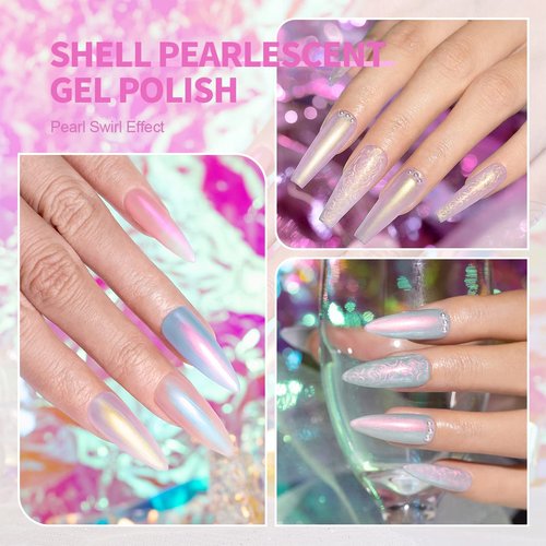 RARJSM Pearl Gel Nail Polish Glitter Pearlescent Shell Gel Polish Pink Beige Pearl Blue Green Purple Shimmer Mermaid Swirl Thread Effect Gel Soak Off LED UV Curing Requires DIY Manicure Use