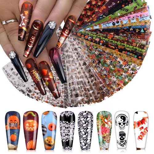 Kalolary 60 Sheets Halloween Nail Foil Transfer Sticker, Pumpkin Spider Skull Ghost Witch Nail Decal Nail Transfer Foils for Halloween Party Nail Art DIY Decoration