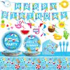 Pool Birthday Party Decorations Tableware Set Beach Table Decorations Supplies Pool Happy Birthday Banner Beach Theme Swirls Plates Napkins Forks Tablecloth for Hawaiian Summer Birthday Party Favors