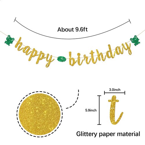 INNORU Frog Happy Birthday Banner, Reptile Animal Frog Party Decorations, Children Boys Girls Rain Forest Birthday Party Banner, Cute Frog Birthday Party Decor Supplies, Gold Glitter