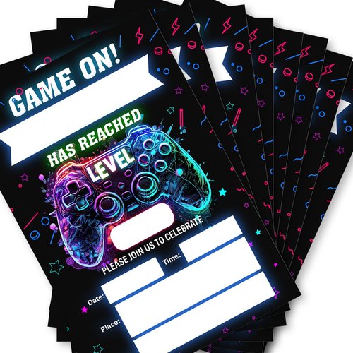 Soiceu Video Game Birthday Invitations Neon Glow Boy Gamer Game On Party Invites with Envelopes Set of 20
