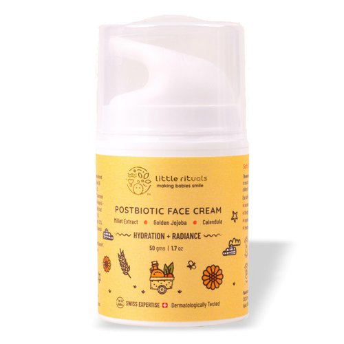 Little Rituals Baby and Kids Post-Biotic Face Cream Moisturiser - Hydration + Radiance, Formulated with Golden Millets, Jojoba, Calendula, Natural, Organic, Dermat Tested, Swiss Technology (50 gm)