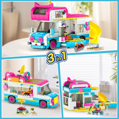 CUBIMANA 3-in-1 Cat Car Building Set, Girls Camper Van Building Block Sets, Ice Cream Truck City Bus Building Toys with Slide and Stickers, Gifts for Kids Girls Boys Age 6 7 8 9 10 11 12+ (494PCS)