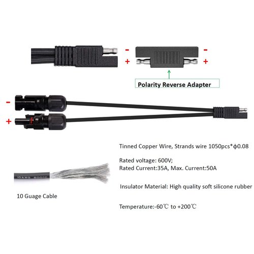 Solar Panel Connectors 10AWG Compatible with MC4 Connecter to SAE Adapter PV Extension Cable Wire for RV Caravan Solar Panels Battery Charger kit with Two SAE to SAE Polarity Reverse Adapters