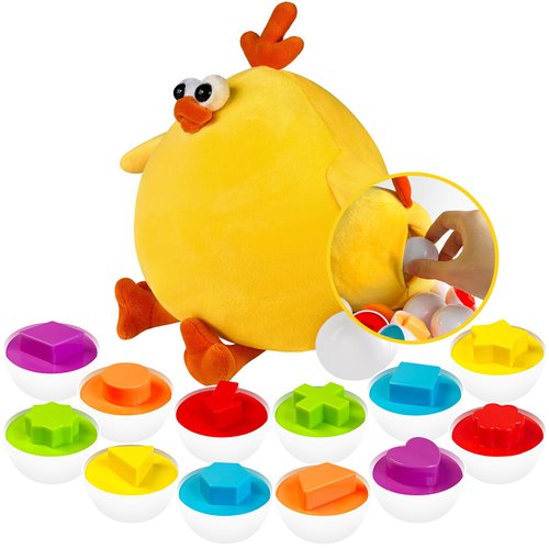 YUSPENYE Toddler Chicken Easter Eggs Toys Eggs, Color Matching Game Shape Sorter with 12 Toy Eggs for Kids