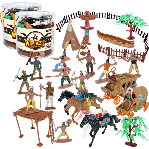 PowerTRC Wild West Native American Indians and Cowboy Playset | 58 Pieces Plastic Toy Figure Soldiers and Props | Western Theme Bundle | Great Gift for Boys and Girls Ages 3 and Up (2 Sets)