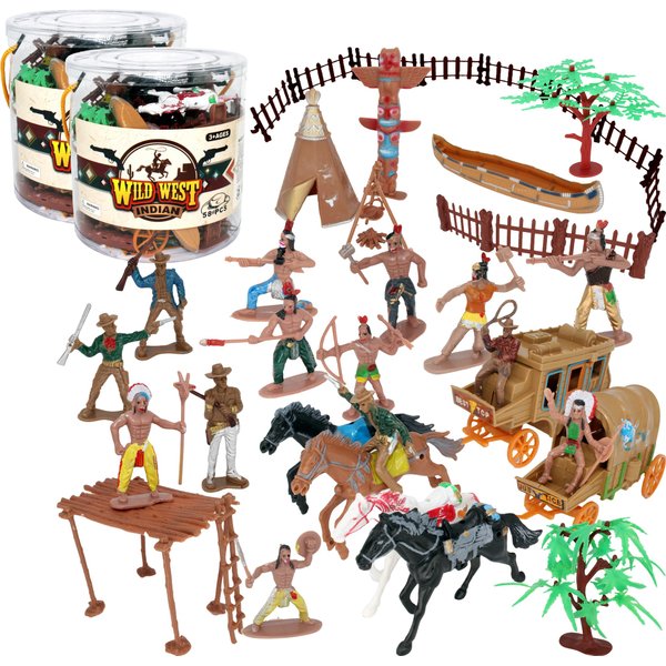 PowerTRC Wild West Native American Indians and Cowboy Playset | 58 Pieces Plastic Toy Figure Soldiers and Props | Western Theme Bundle | Great Gift for Boys and Girls Ages 3 and Up (2 Sets)